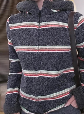 高级感撞色条纹连帽外套女2026春秋新款时尚休闲百搭加绒加厚开衫
