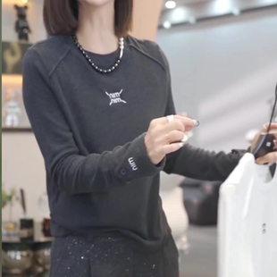 字母刺绣百搭显瘦打底衫 T恤女2025秋冬新款 长袖 双面澳绒设计师款