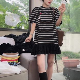重工潮牌爱心小猫刺绣条纹短袖T恤女夏季新款花边下摆中长款上衣