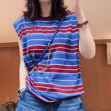潮牌三角标撞色条纹短袖T恤女2025夏季新款休闲百搭显瘦无袖上衣