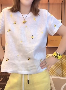 重工小蜜蜂刺绣亚麻圆领短袖T恤女夏季新款百搭休闲上衣显瘦ins