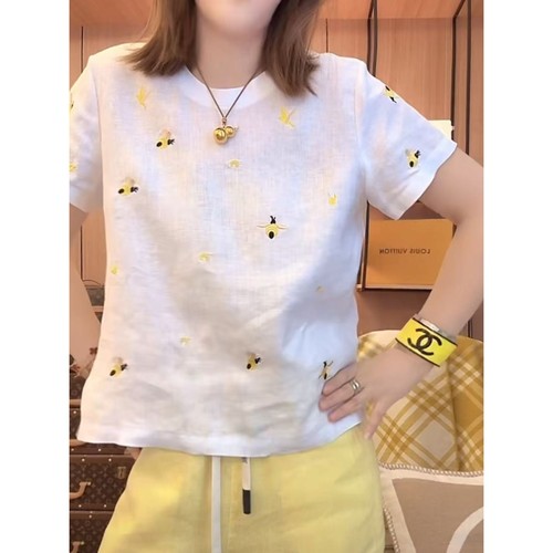 亚麻小蜜蜂刺绣圆领短袖女