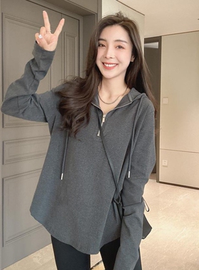 加厚半拉链帽衫女2026春季新款小众设计感中长款宽松百搭女上衣潮