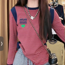 字母刺绣休闲百搭显瘦上衣 新款 潮牌设计感条纹长袖 T恤女2025春季