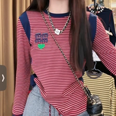 新款 潮牌设计感条纹长袖 T恤女2025春季 字母刺绣休闲百搭显瘦上衣