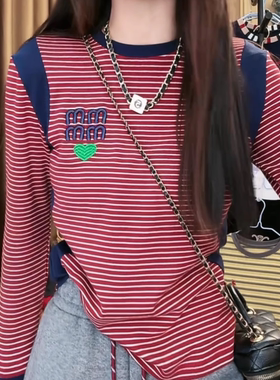【送运费险】条纹刺绣长袖T恤女