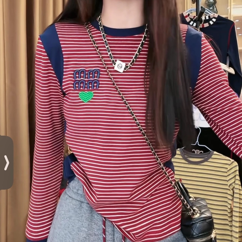 【送运费险】条纹刺绣长袖T恤女