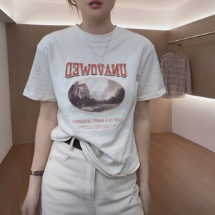 百搭基础款 T恤女2026春夏新款 休闲减龄 复古字母风景印花短袖 美式