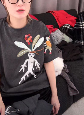 2026春夏新款重工刺绣人参娃娃短袖T恤女宽松百搭遮肚显瘦上衣潮