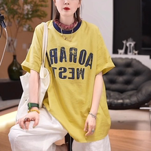 潮牌字母印花亚麻中长款短袖T恤女2025夏季新款百搭显瘦宽松上衣