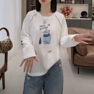 百搭减龄显瘦防晒衫 T恤女2026春夏时尚 长袖 卡通蓝猫字母印花薄款