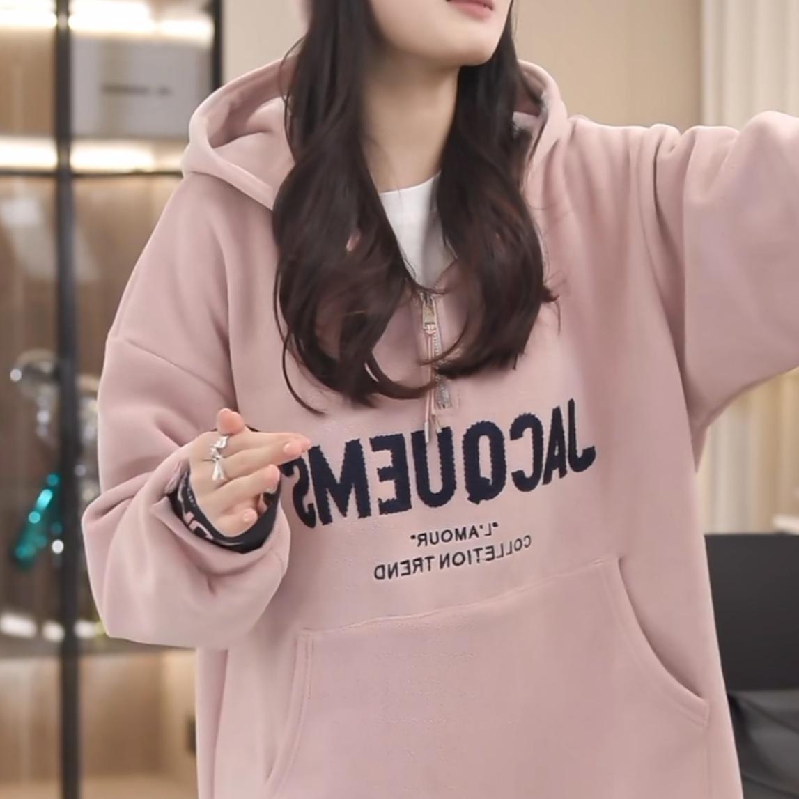 潮牌摇粒绒半拉链连帽卫衣女2025秋冬新款字母刺绣宽松百搭上衣
