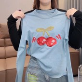 重工樱桃刺绣亮片纯棉长袖 百搭显瘦保暖打底衫 T恤女2026新款 时尚