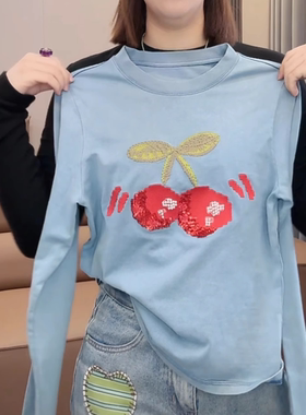 重工樱桃刺绣亮片纯棉长袖T恤女2025新款时尚百搭显瘦保暖打底衫