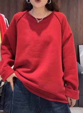 慵懒风一体绒净版糖果色毛边卫衣女2025新款宽松百搭显瘦套头上衣