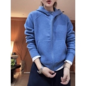蓝色连帽卫衣女双拉链开衫 外套女极简休闲风宽松百搭显瘦长袖 上衣