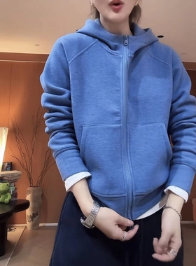 蓝色连帽卫衣女双拉链开衫外套2025秋冬新款休闲宽松百搭长袖上衣