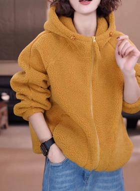 纯色连帽摇粒绒复合奥粒绒加厚抽绳外套女2025新款休闲百搭卫衣潮