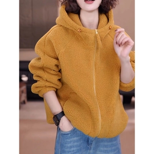 纯色连帽摇粒绒复合奥粒绒加厚抽绳外套女2025新款休闲百搭卫衣潮