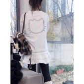 时尚 显瘦上衣 T恤女2026春新款 卡通KT猫头印花蕾丝拼接中长款 长袖