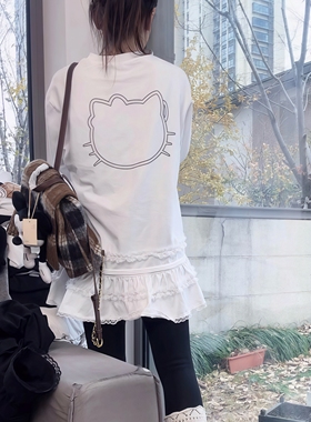 时尚卡通KT猫头印花蕾丝拼接中长款长袖T恤女2025秋新款显瘦上衣