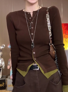 假两件开衫针织衫女2026春秋新款时尚休闲百搭显瘦撞色打底衫女潮