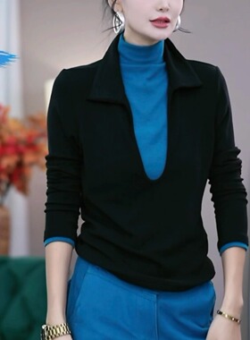撞色假两件高领长袖T恤女2025秋冬新款时尚休闲百搭显瘦打底衫潮