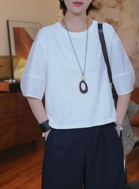 简约气质白色圆领短袖T恤女2026夏季新款设计感开叉宽松减龄上衣