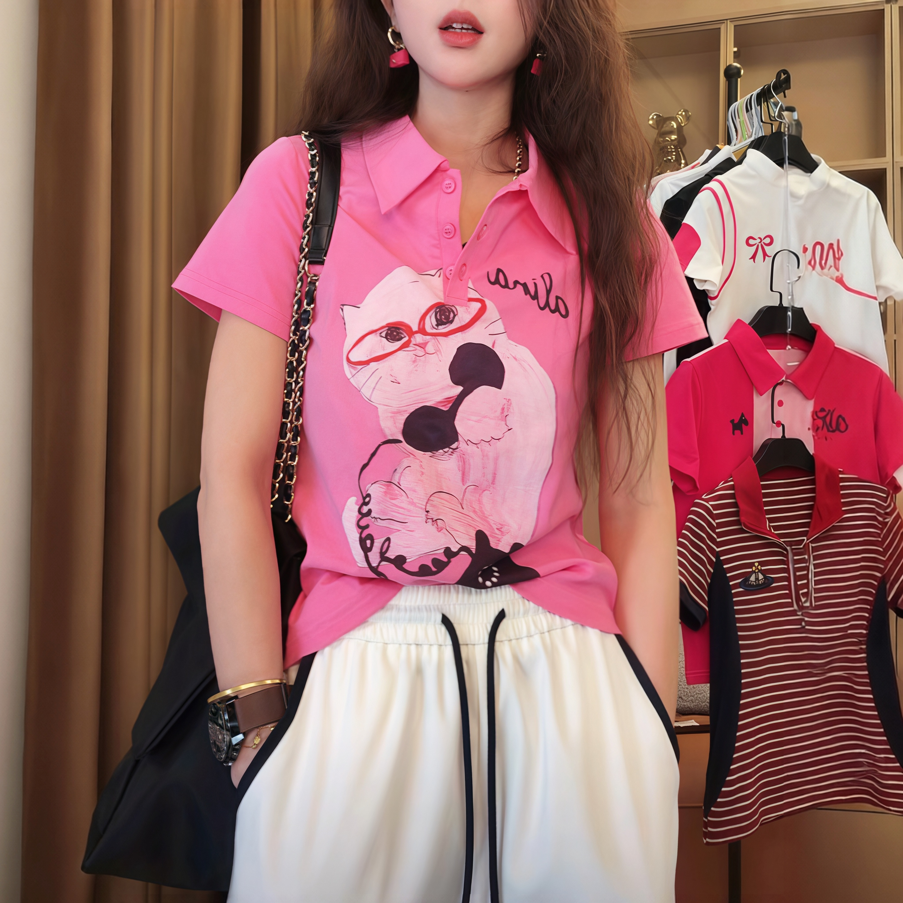 设计感卡通电话猫咪印花POLO衫女夏季新款时尚创意粉色短袖T恤女