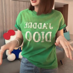 绿色百搭显瘦圆领上衣ins T恤女2026春夏新款 潮牌美式 字母印花短袖