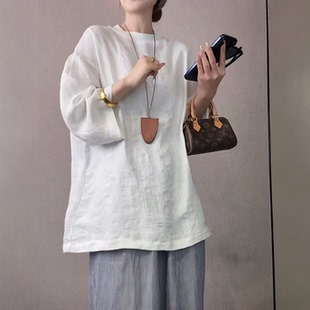 上衣ins 柔软舒适中长款 重工提花工艺亚麻七分袖 T恤女2026春夏新款