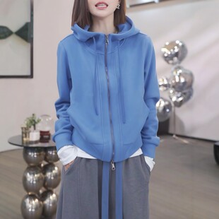 蓝色加厚膨体暖绒连帽外套女2026秋冬新款宽松百搭显瘦拉链卫衣潮