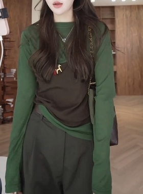 设计感撞色真两件长袖T恤女2025秋季新款百搭修身显瘦打底衫上衣