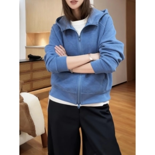 极简风纯色双拉链连帽开衫 百搭休闲宽松外套潮 卫衣女2026早春新款