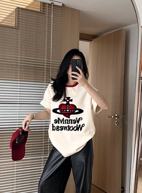 爱心飞船重工毛巾绣短袖T恤女2026夏季新款美式时尚宽松百搭上衣