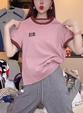 字母刺绣条纹短袖T恤女2025夏季新款潮牌时尚宽松百搭显瘦上衣潮