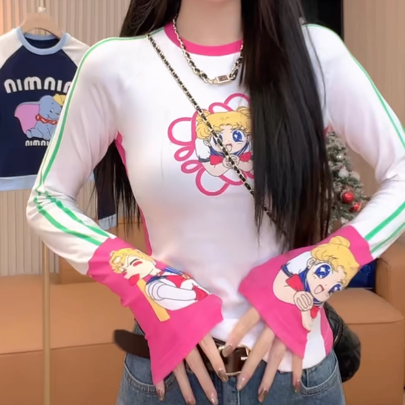 卡通美少女印花撞色长袖T恤女潮牌秋季新款百搭显瘦圆领打底衫ins