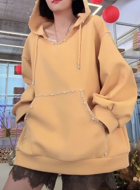 重工钉珠慵懒风纯色连帽卫衣女2026秋季新款休闲宽松百搭显瘦上衣