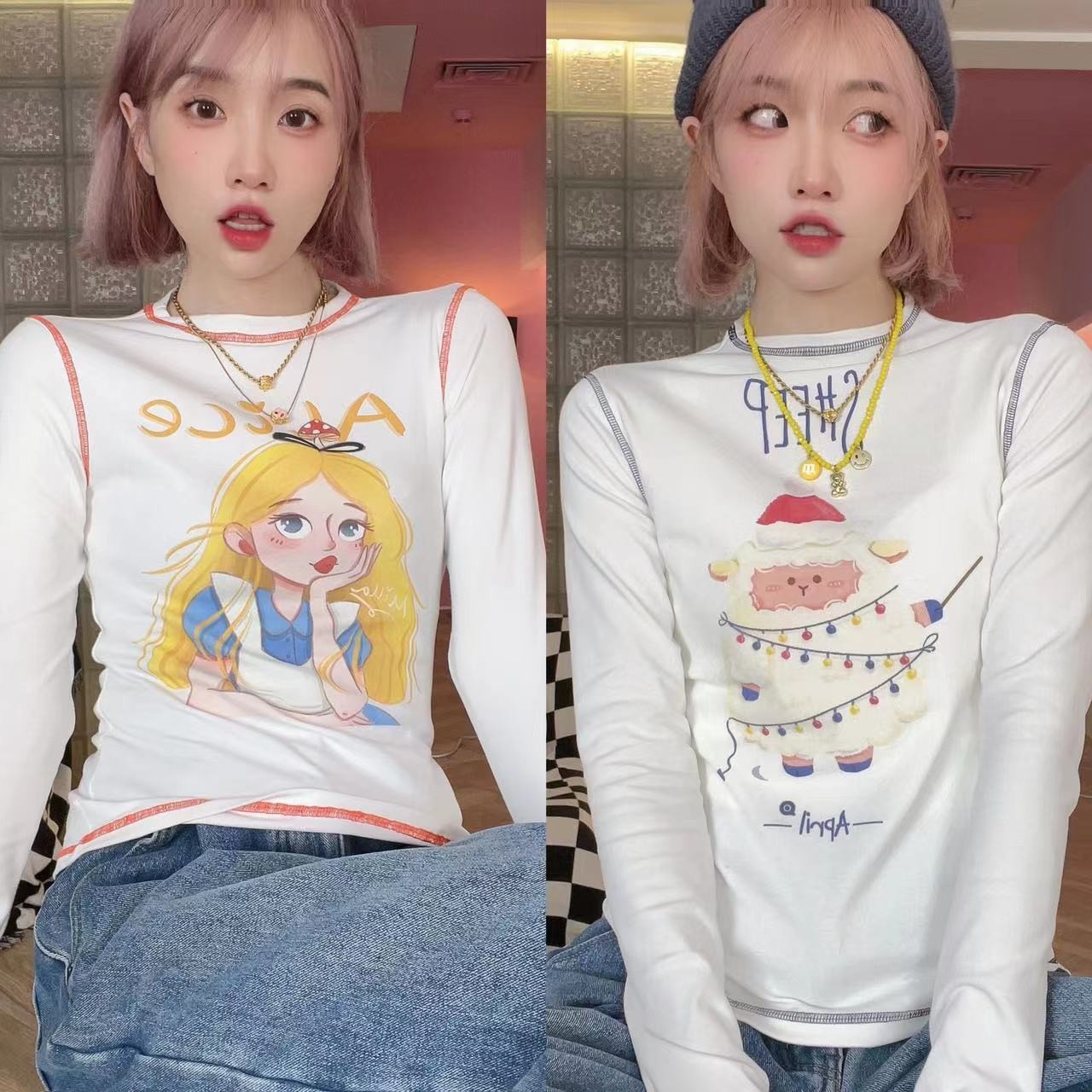 春秋正肩明线爱丽丝印花打底T恤女卡通印花百搭显瘦长袖修身上衣