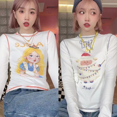 春秋正肩明线爱丽丝印花打底T恤女卡通印花百搭显瘦长袖修身上衣