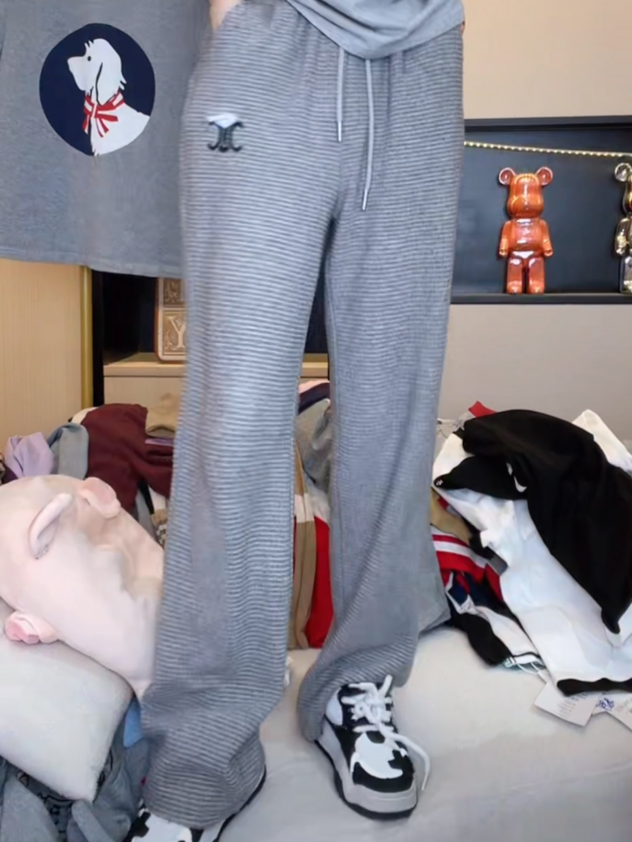 高腰休闲条纹阔腿裤女2025早春新款宽松百搭慵懒风刺绣显瘦长裤子