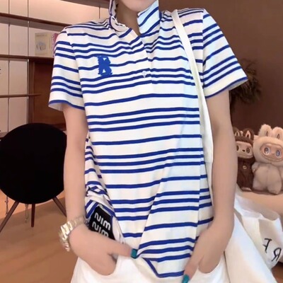 【送运费险】翻领条纹短袖T恤女
