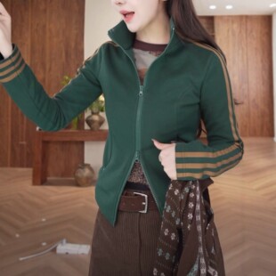 韩版纯色条纹拼接双拉链立领外套女2026早春新款百搭休闲显瘦开衫
