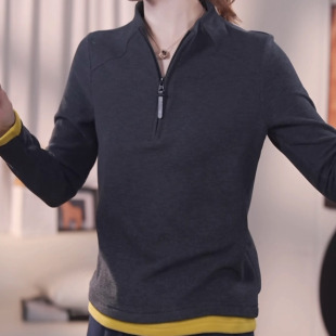 上衣 百搭休闲打底衫 双面绒撞色拼接半拉链长袖 T恤女2025早秋新款