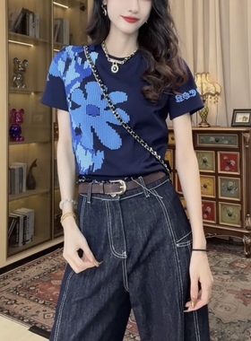 正肩花朵植绒印花短袖T恤女2025夏季新款潮流时尚百搭显瘦上衣ins