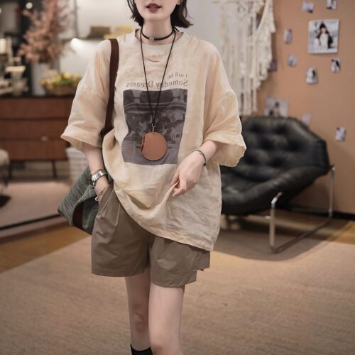 【送运费险】印花苎麻短袖T恤女