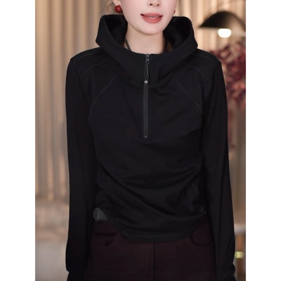 高级感纯色半拉链连帽长袖T恤女