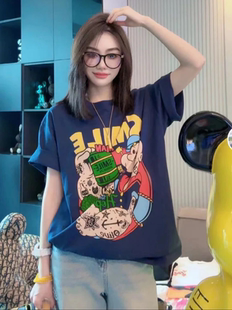 新款 T恤女2026夏季 宽松百搭显瘦上衣 短袖 潮牌大力水手印花中长款