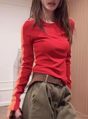 拼接撞色长袖面膜T恤女2025秋冬新款设计感明线拼色打底衫上衣潮