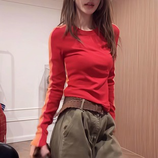 上衣潮 设计感明线拼色打底衫 拼接撞色长袖 面膜T恤女2025秋冬新款